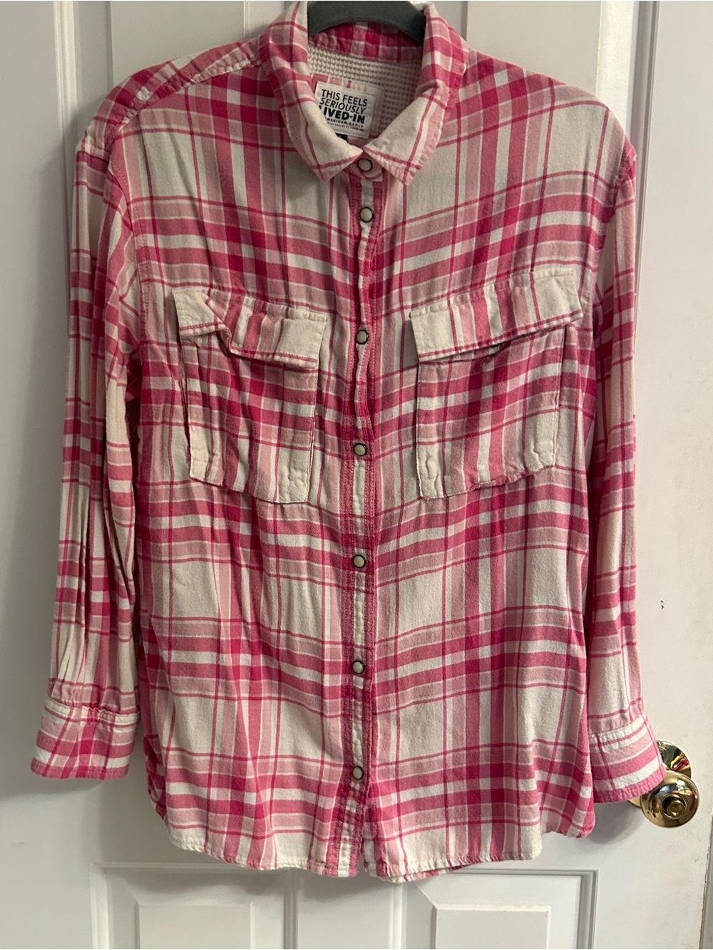 American Eagle Outfitters Pink & White Plaid Button-Front Shirt